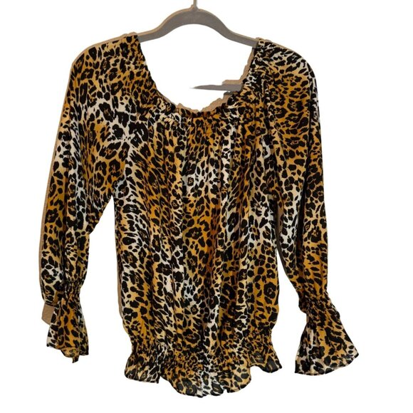 XOXO Women's Leopard Print Blouse L Polyester 3/4 Sleeve Ruffle Hem - Picture 1 of 11